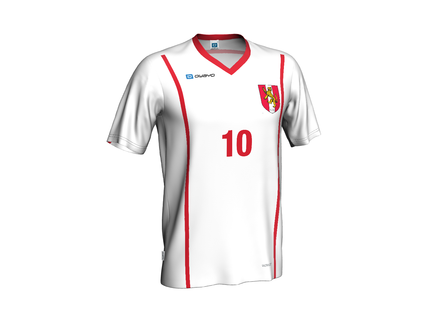 Jishnus FC away kit — white shirt with crimson trim, number 10 and the crest