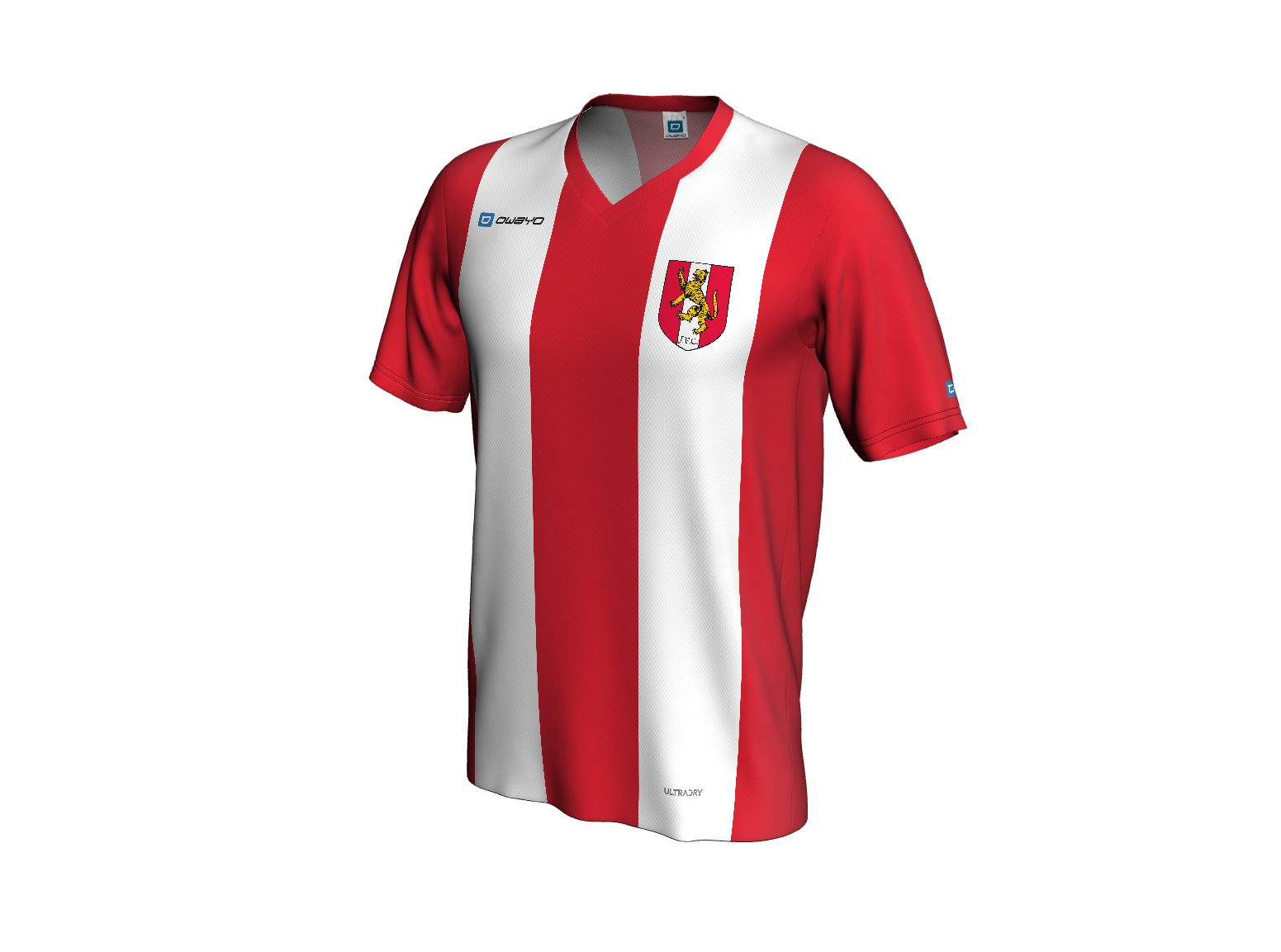 Jishnus FC home kit — red and white vertical stripes with the crest