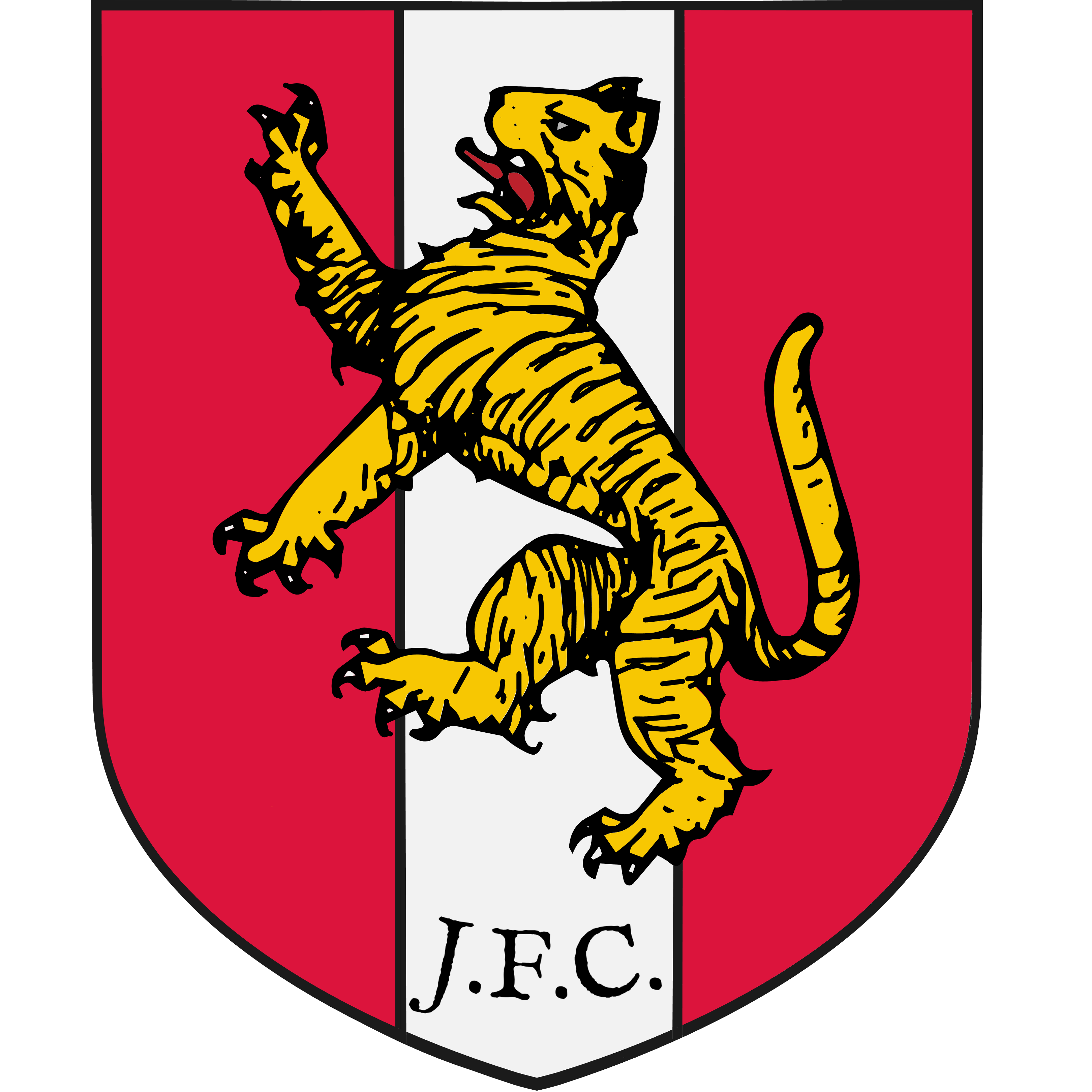 Jishnus FC crest — a golden rampant tiger on a red shield with a white pale